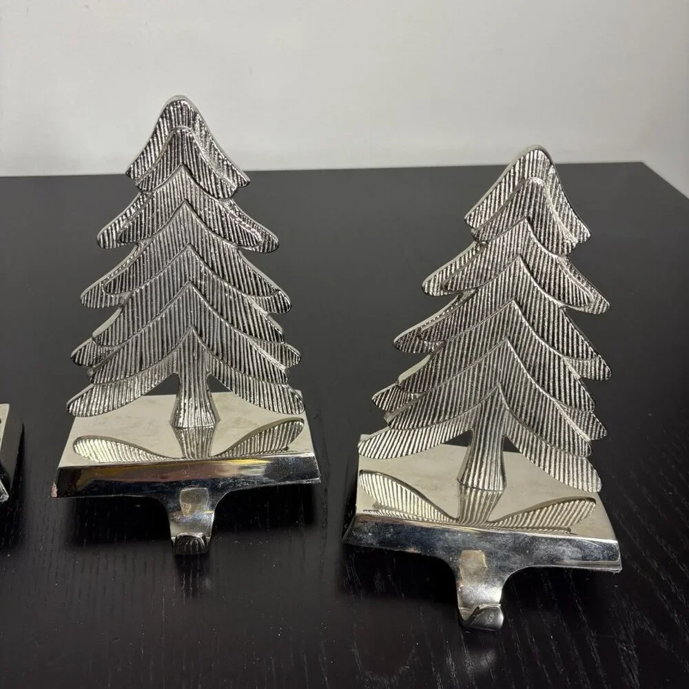 CRATE & BARREL Lot 4 Silver Tone Metal Christmas Tree Stocking Hangers/Holders